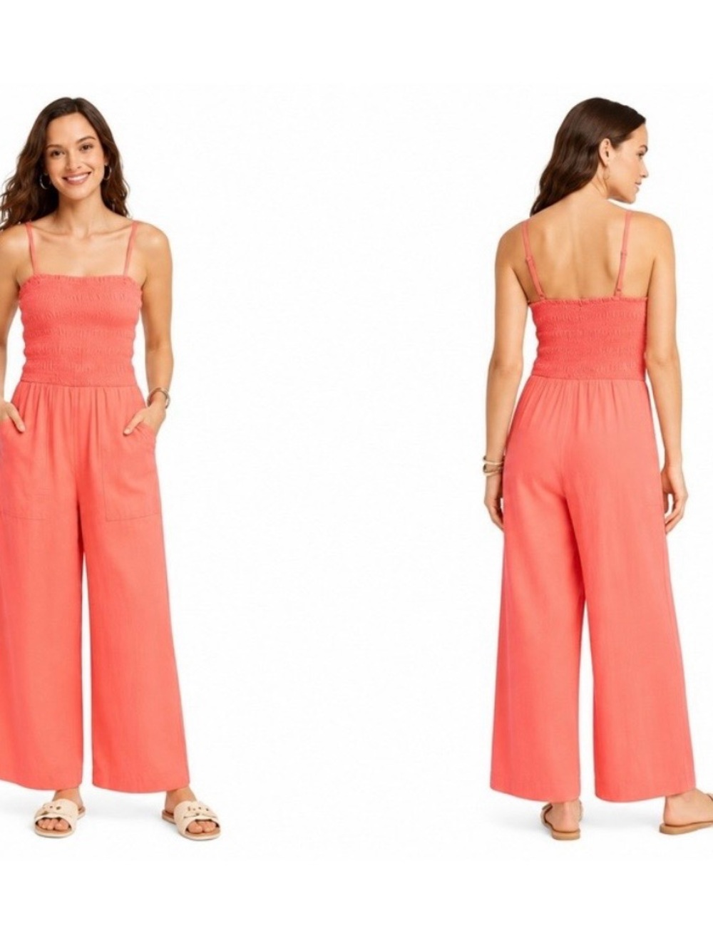 Linen blend wide leg coral jumpsuit